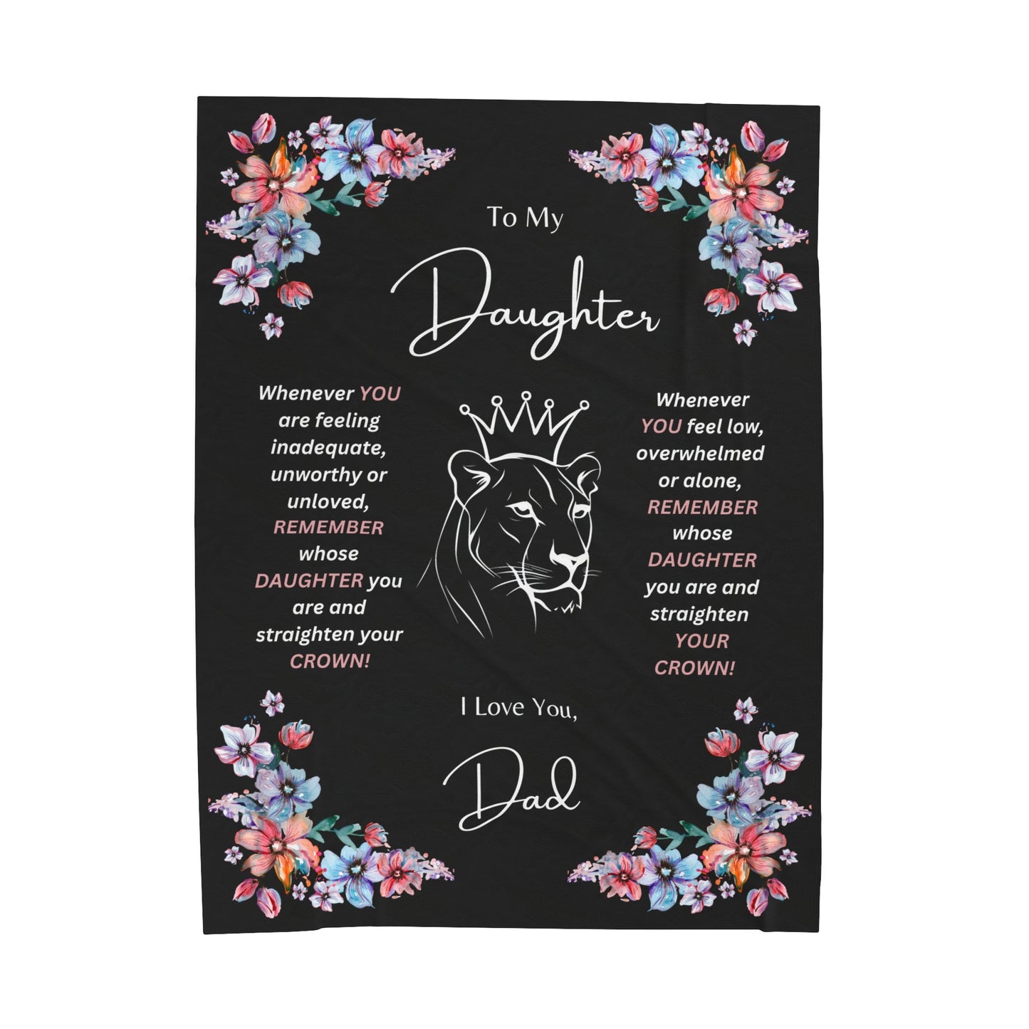 " To My Daughter- Lion Princess", Velveteen Plush Blanket-Black