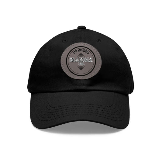 "GRANDMA INC." Black Twill Dad Hat with  PU Leather  Personalized Patch (Round)