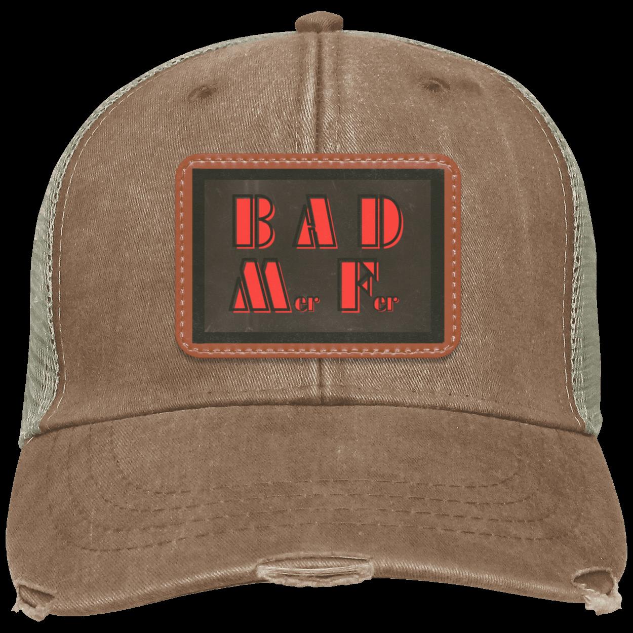 "BAD M-er  F-er" Distressed Snap Back , Trucker Hat, Tan and Gray Patch