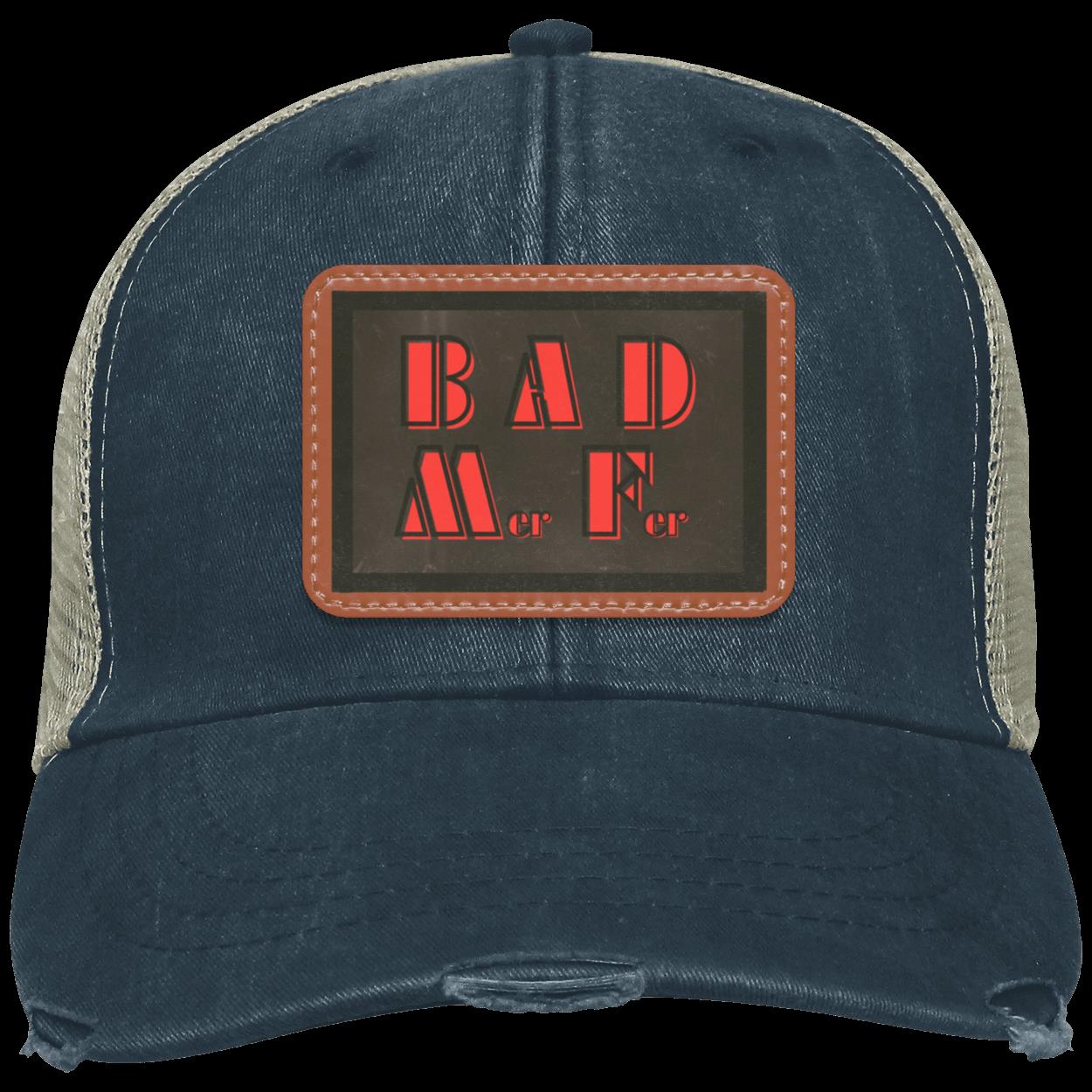 "BAD M-er  F-er" Distressed Snap Back , Trucker Hat, Tan and Gray Patch