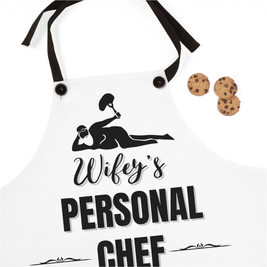 "Wifey's Personal Chef-Reclining Dad Bod"  White Apron with Black Detachable Straps.