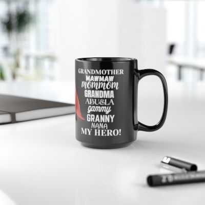 "Grandmother-My Hero" Black 15 oz  Mug , comic book style