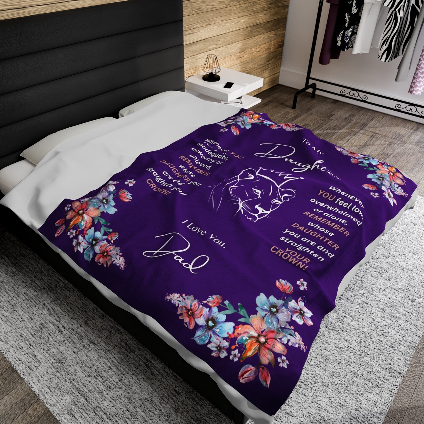 "To My Daughter-Lion Princess"  60 in x 80 in Velveteen Plush Blanket in  Royal Purple