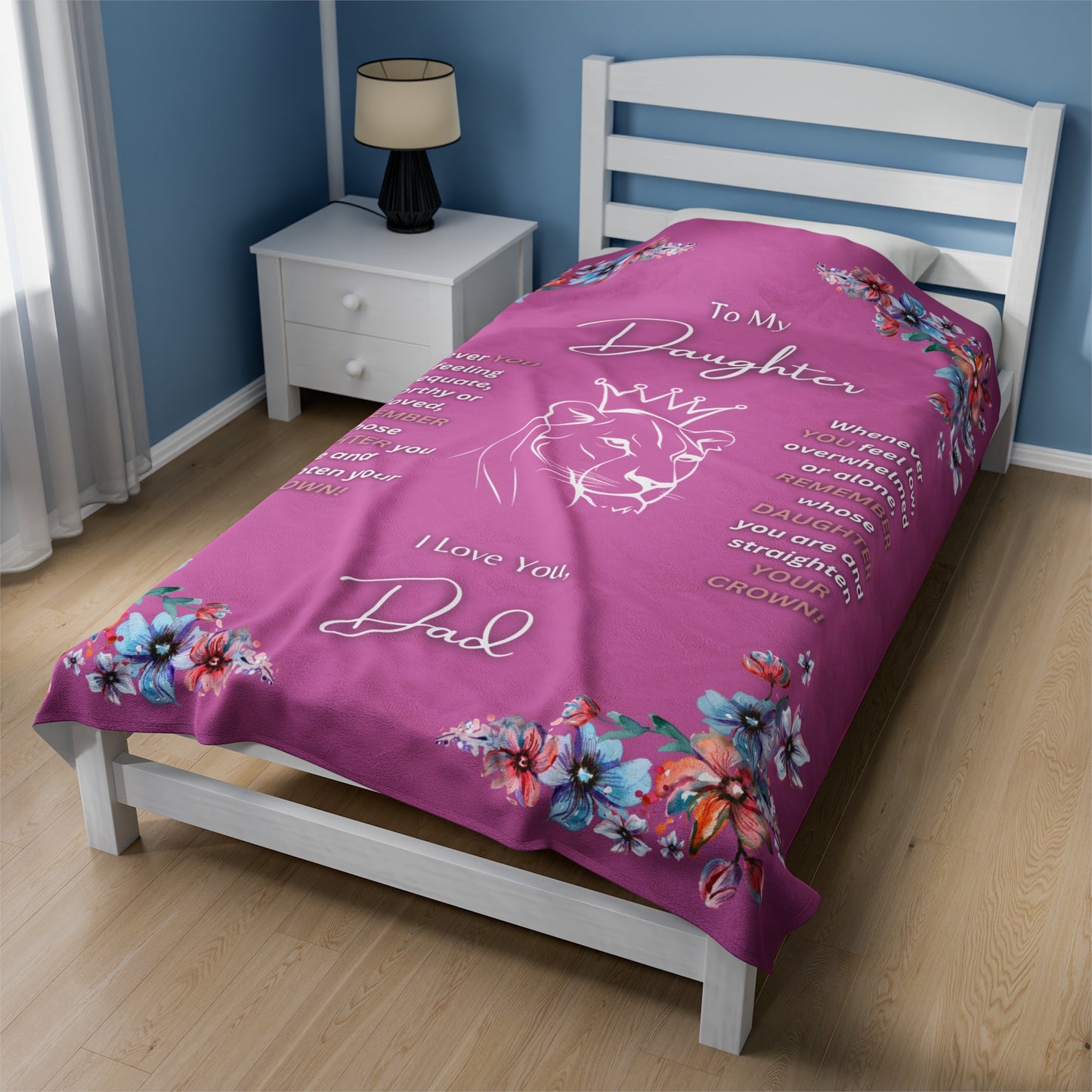 "To My Daughter-Lion Princess",  60 in x 80 in Velveteen Plush Blanket-Bubble Gum Pink