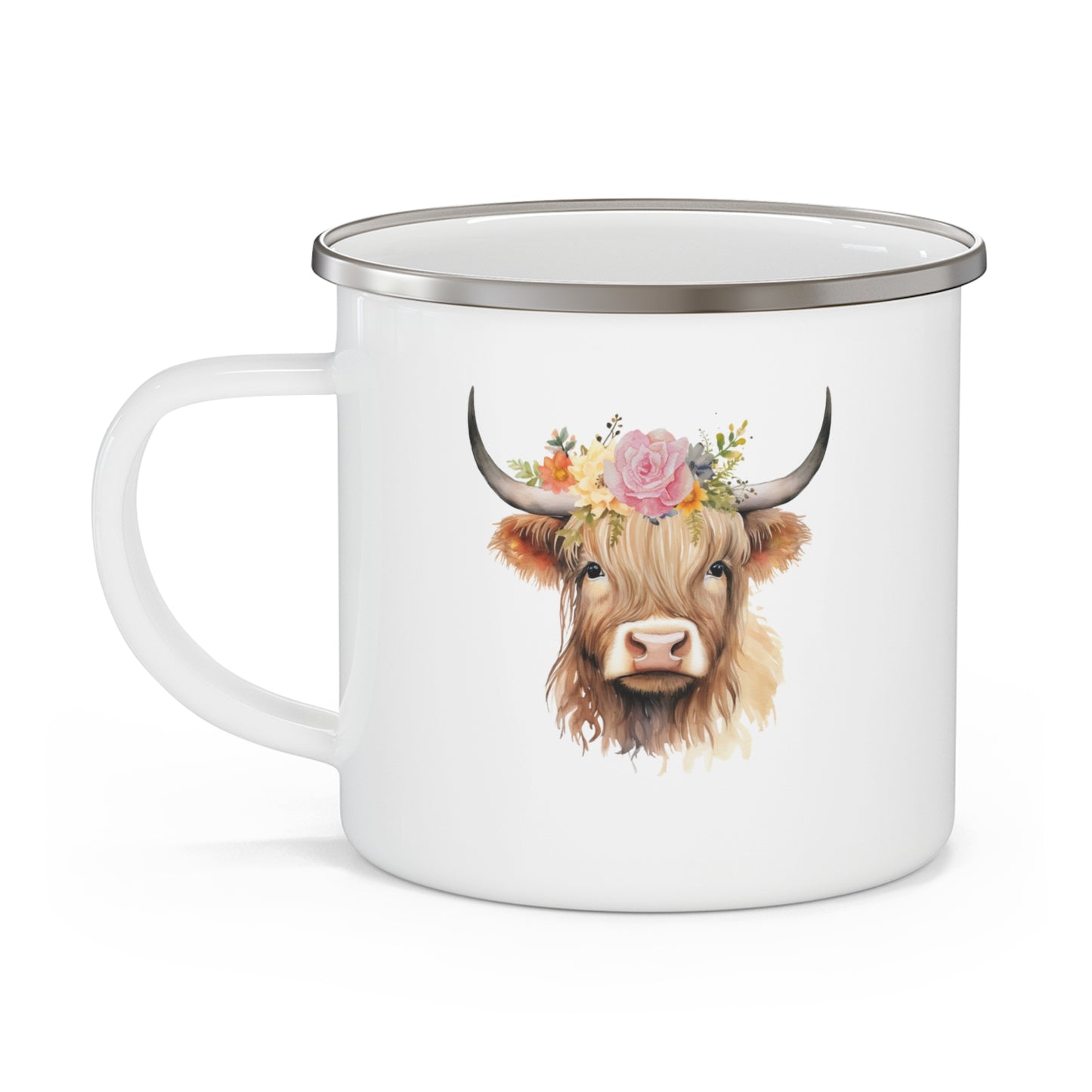 "Highland Cow" Personalized (Pink Rose Enamel Camping Mug