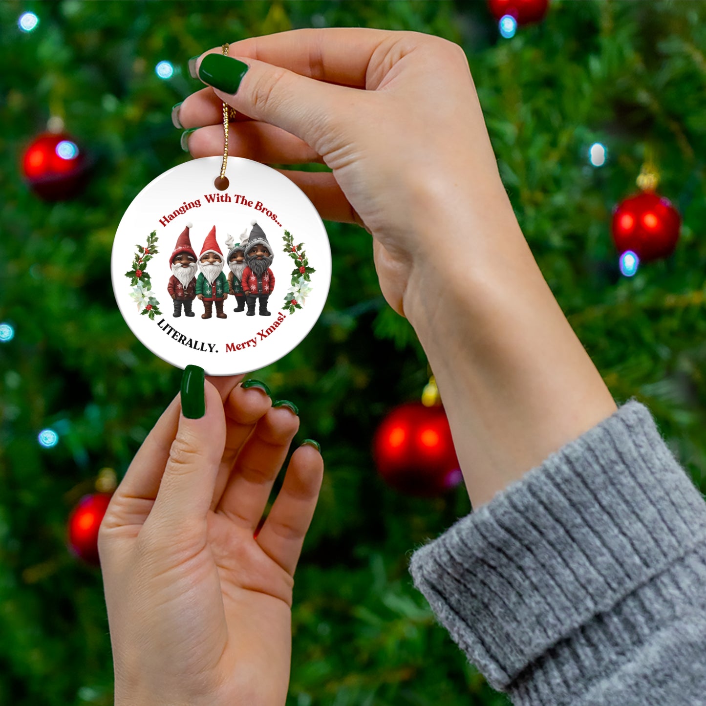 "Hangining With The Bro's" Circular White Ceramic Ornament