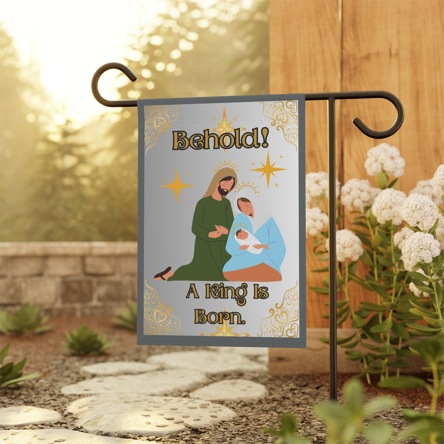 "Behold.  A King Is Born!" Garden/Lawn Banner, 12 in x 18 in, White Ombre