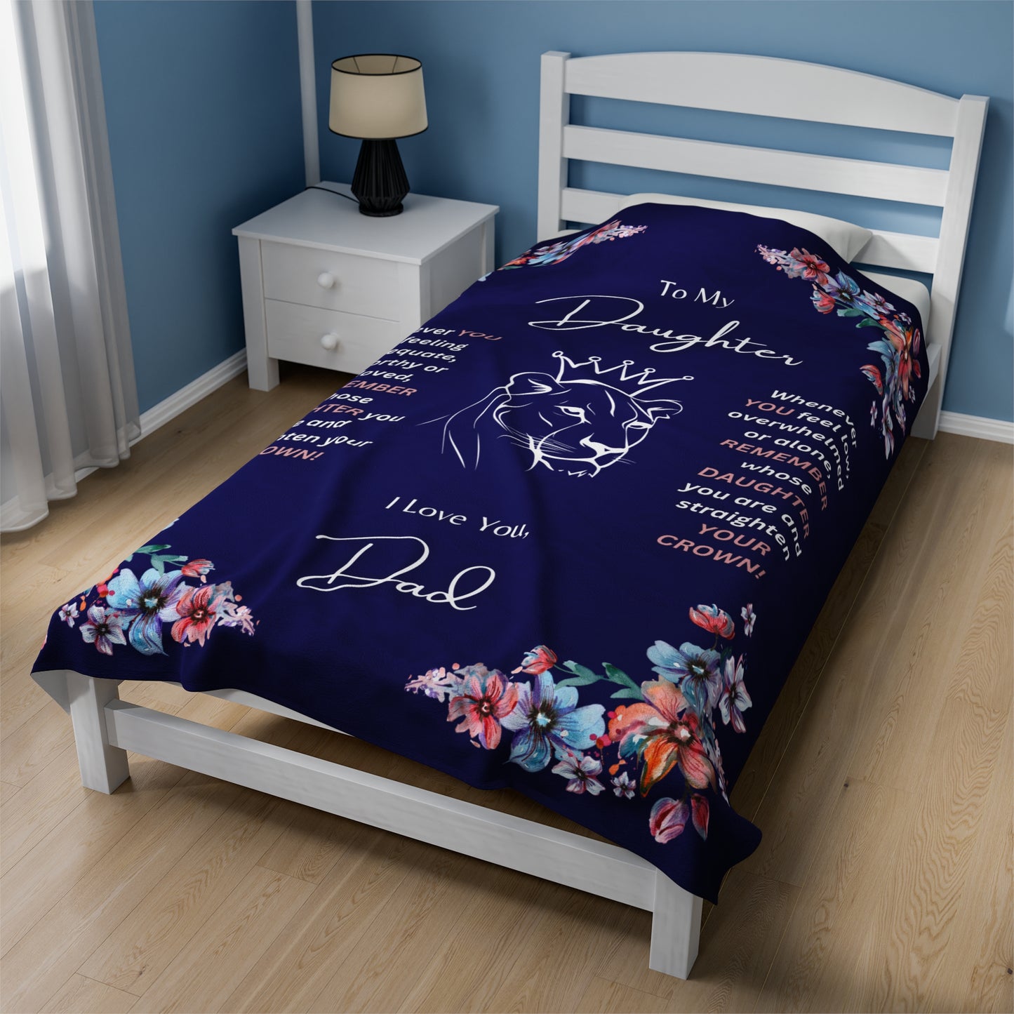 "To My Daughter-Lion Princess"  60 in x 80 in Velveteen Plush Blanket-Royal Navy Blue