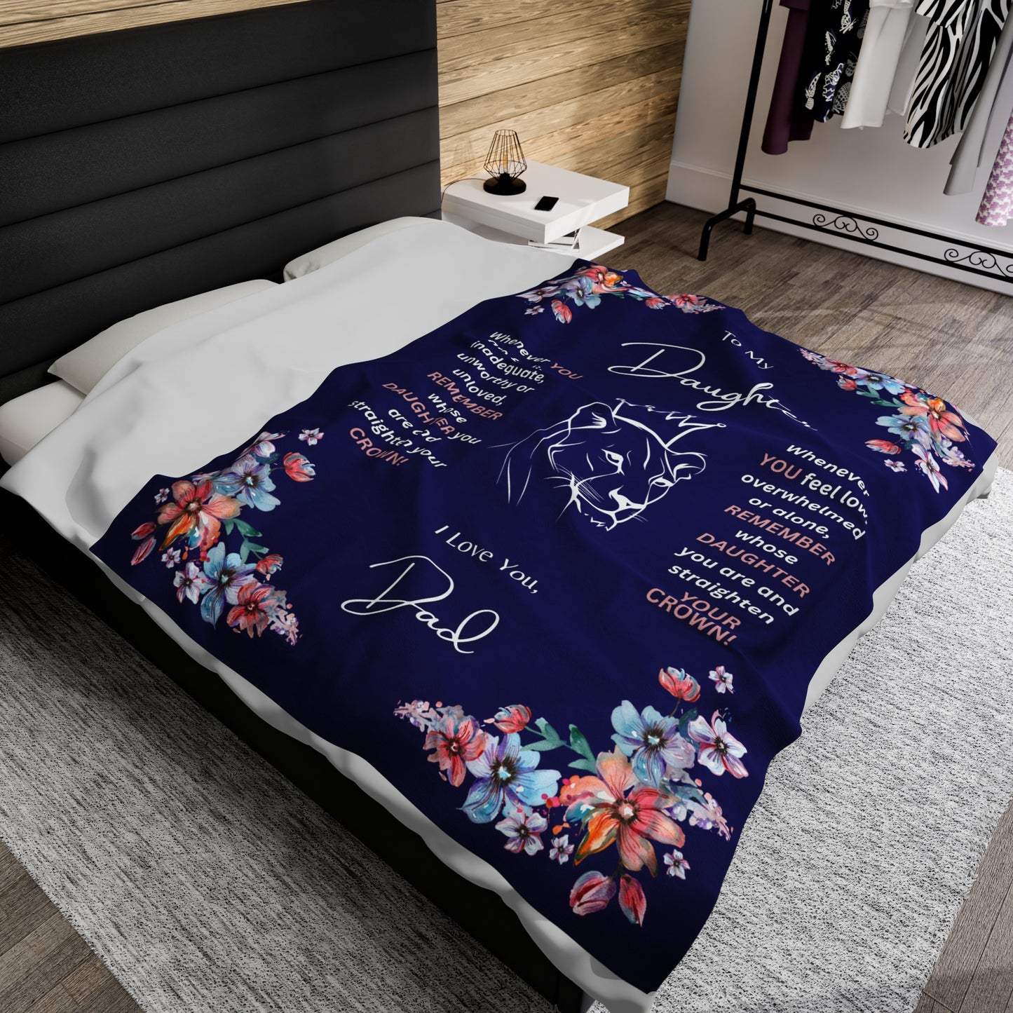 "To My Daughter-Lion Princess"  60 in x 80 in Velveteen Plush Blanket-Royal Navy Blue