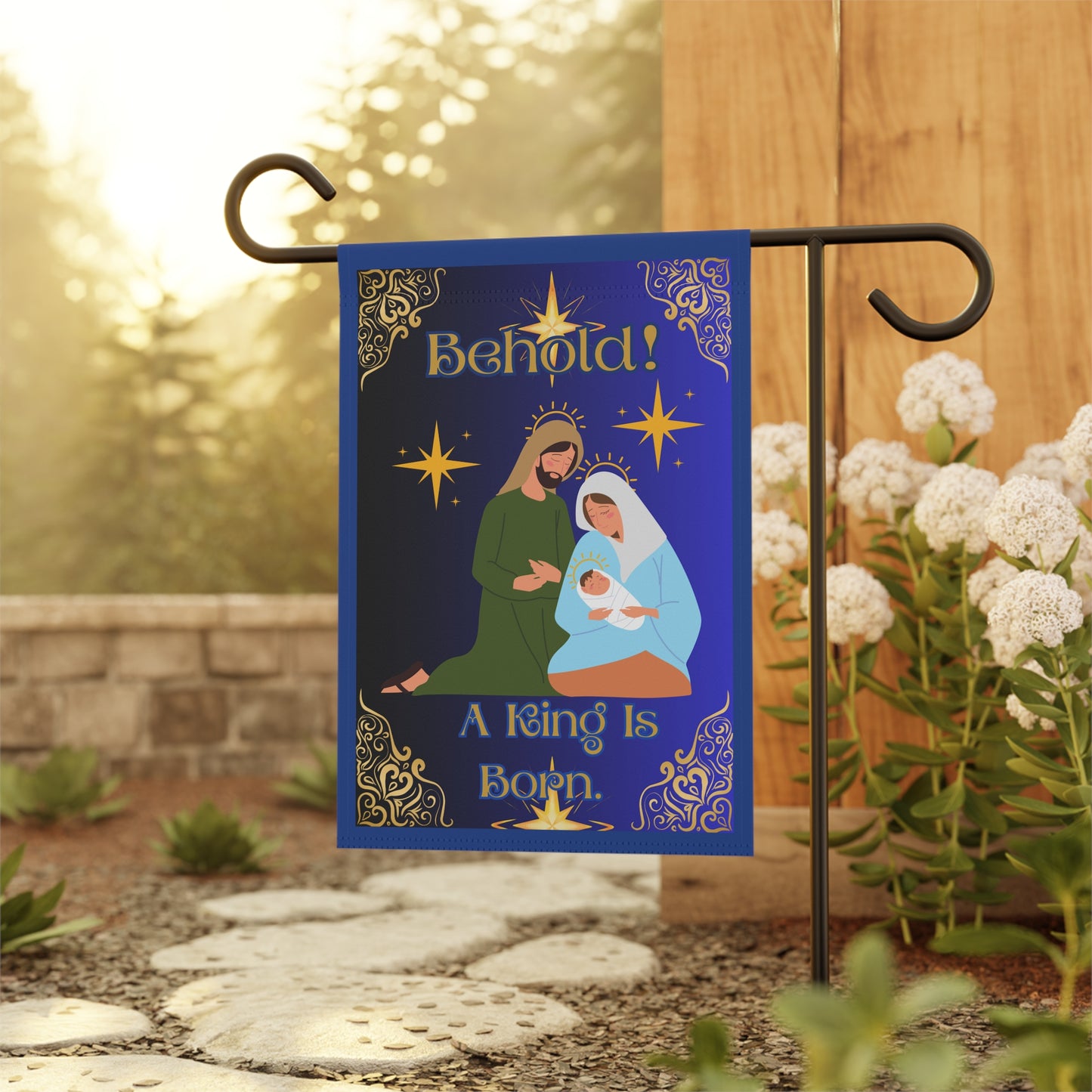 "Behold. A King Is Born!", Garden/Lawn Banner, 12 in x 18 in, Blue Ombre