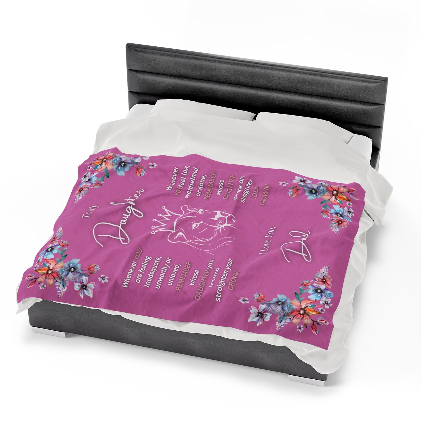 "To My Daughter-Lion Princess",  60 in x 80 in Velveteen Plush Blanket-Bubble Gum Pink