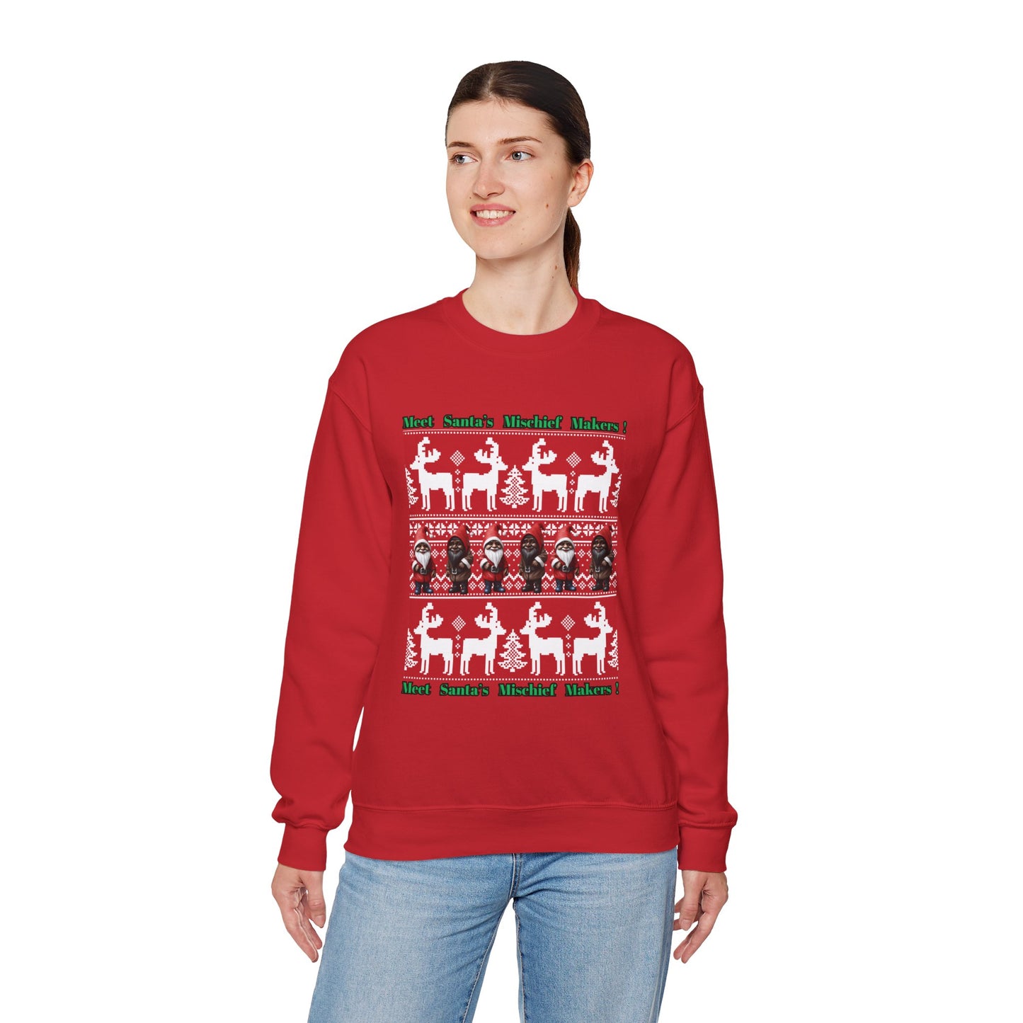 "Meet Santa's Mischief Makers", Unisex Heavy Blend™ Red Crewneck Sweatshirt