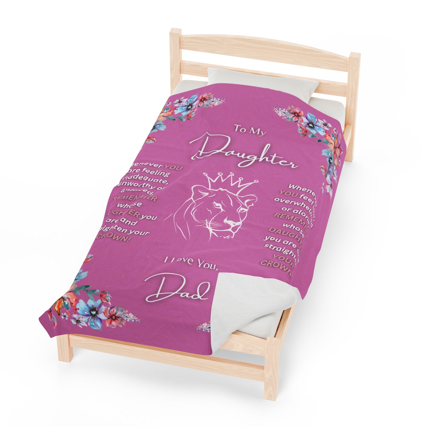 "To My Daughter-Lion Princess",  60 in x 80 in Velveteen Plush Blanket-Bubble Gum Pink