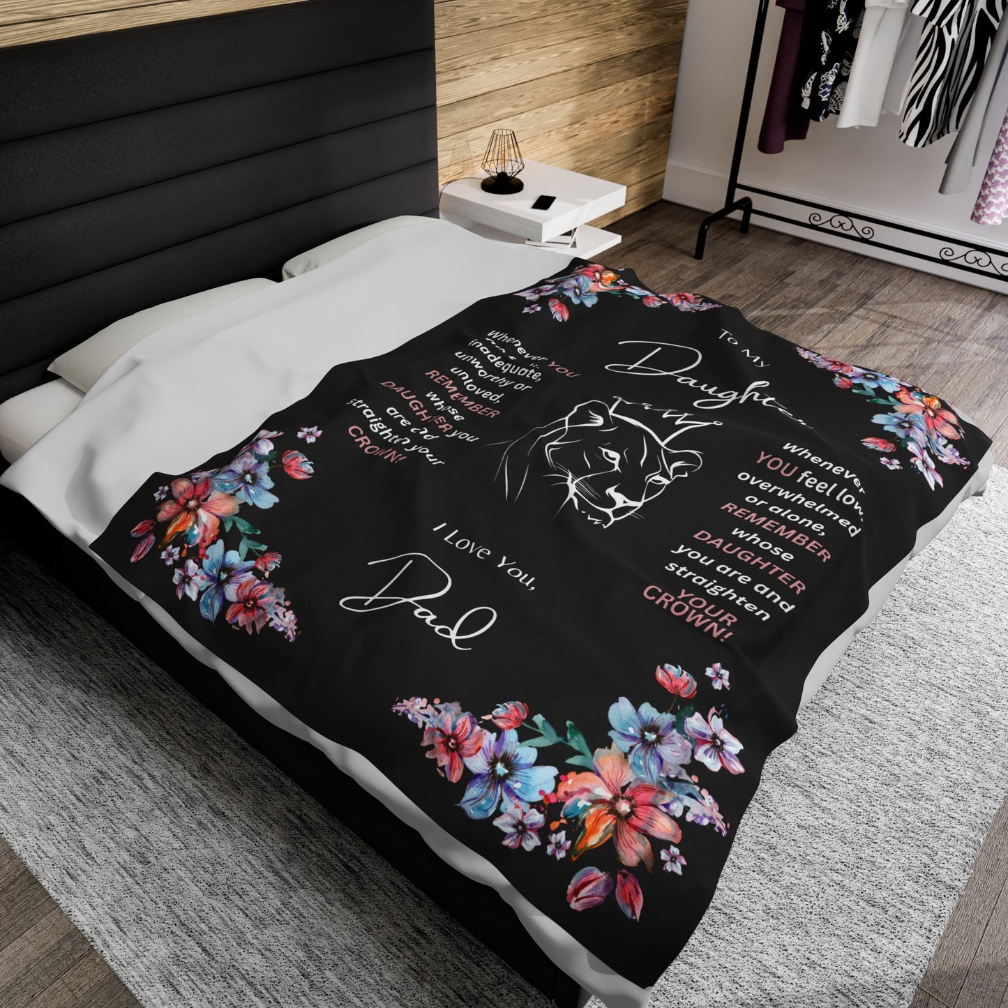 " To My Daughter- Lion Princess", Velveteen Plush Blanket-Black, 60 in x 80 in