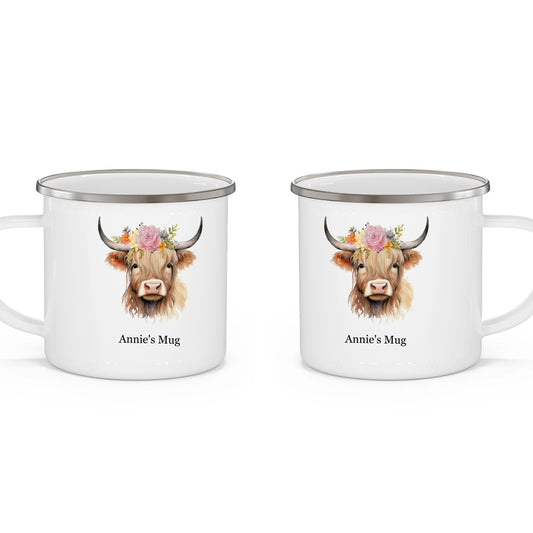 "Highland Cow" Personalized (Pink Rose Enamel Camping Mug