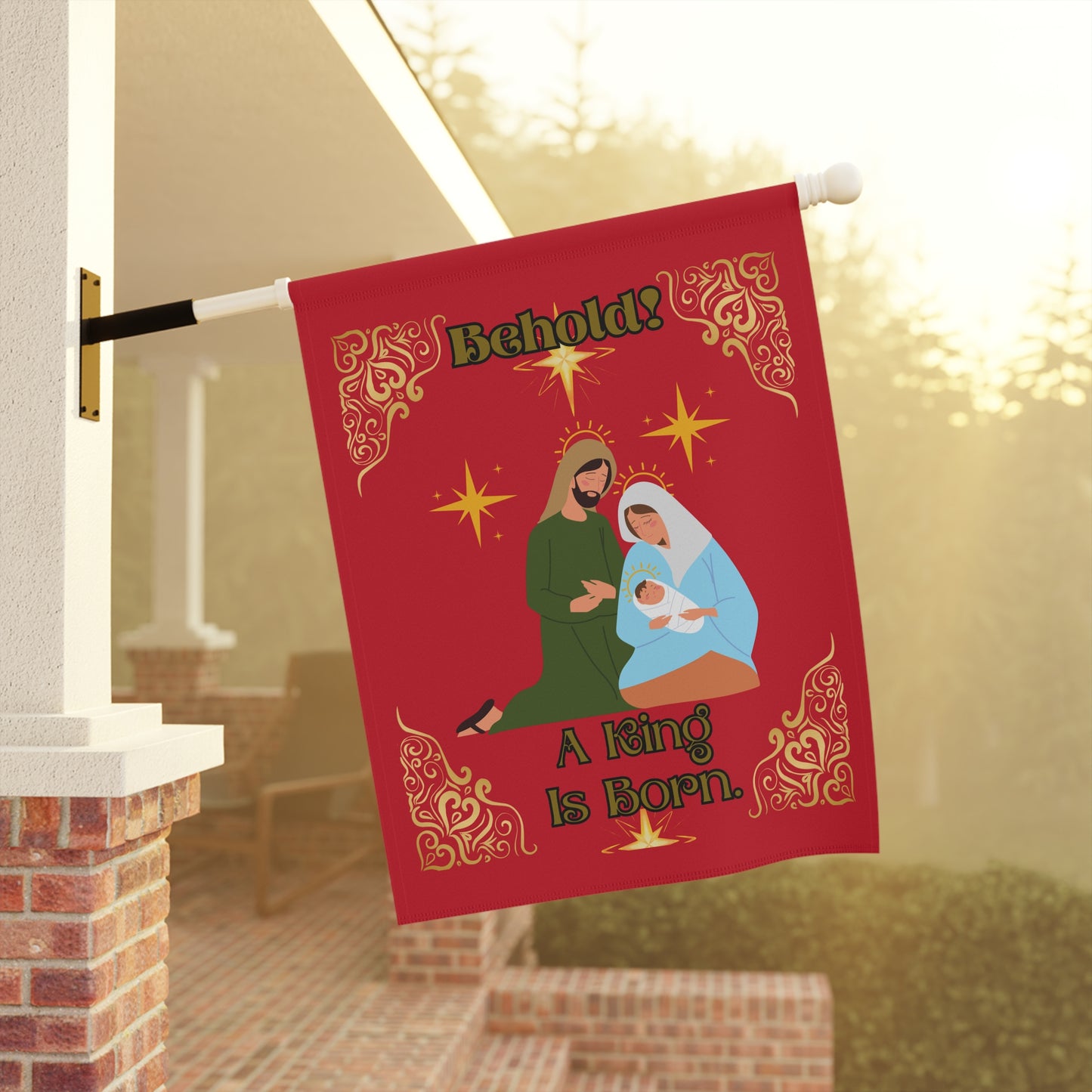 "Behold A King Is Born" , 24.5 in x 32 in House Banner/Flag in Red