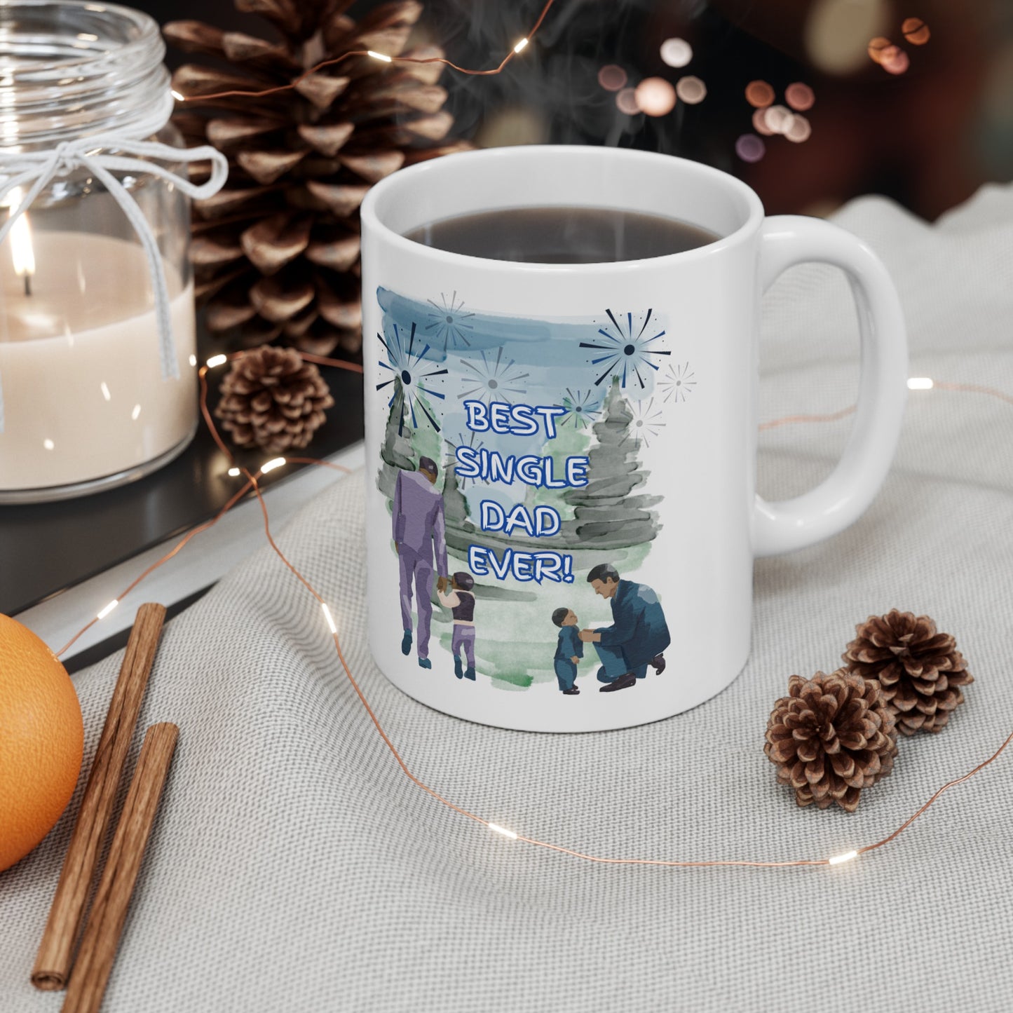 "Best Single Dad Ever"  Retro Nature Setting, White Ceramic Mug, (11 oz, 15 oz)