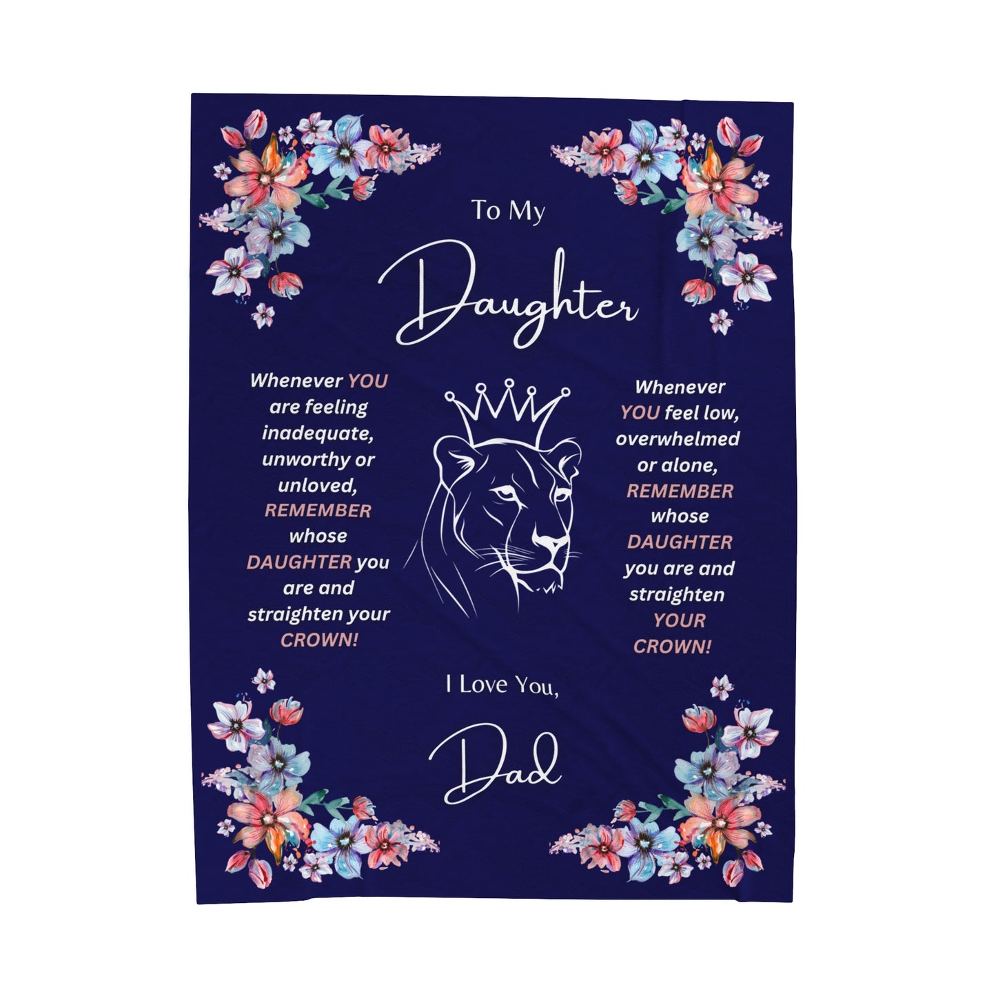 "To My Daughter-Lion Princess"  60 in x 80 in Velveteen Plush Blanket-Royal Navy Blue