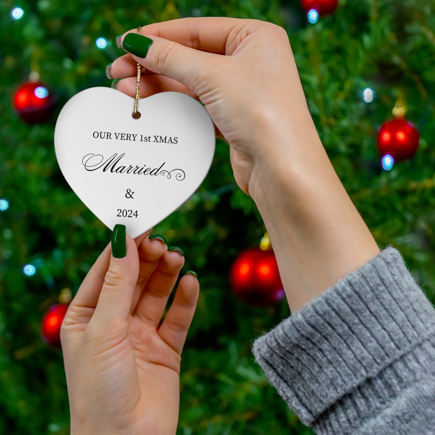 "Our Very 1st Xmas-Married" Personalized, White Ceramic Ornament