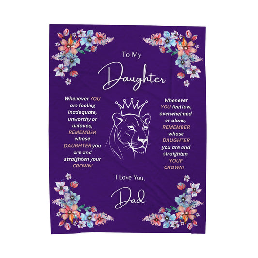 "To My Daughter-Lion Princess"  60 in x 80 in Velveteen Plush Blanket in  Royal Purple