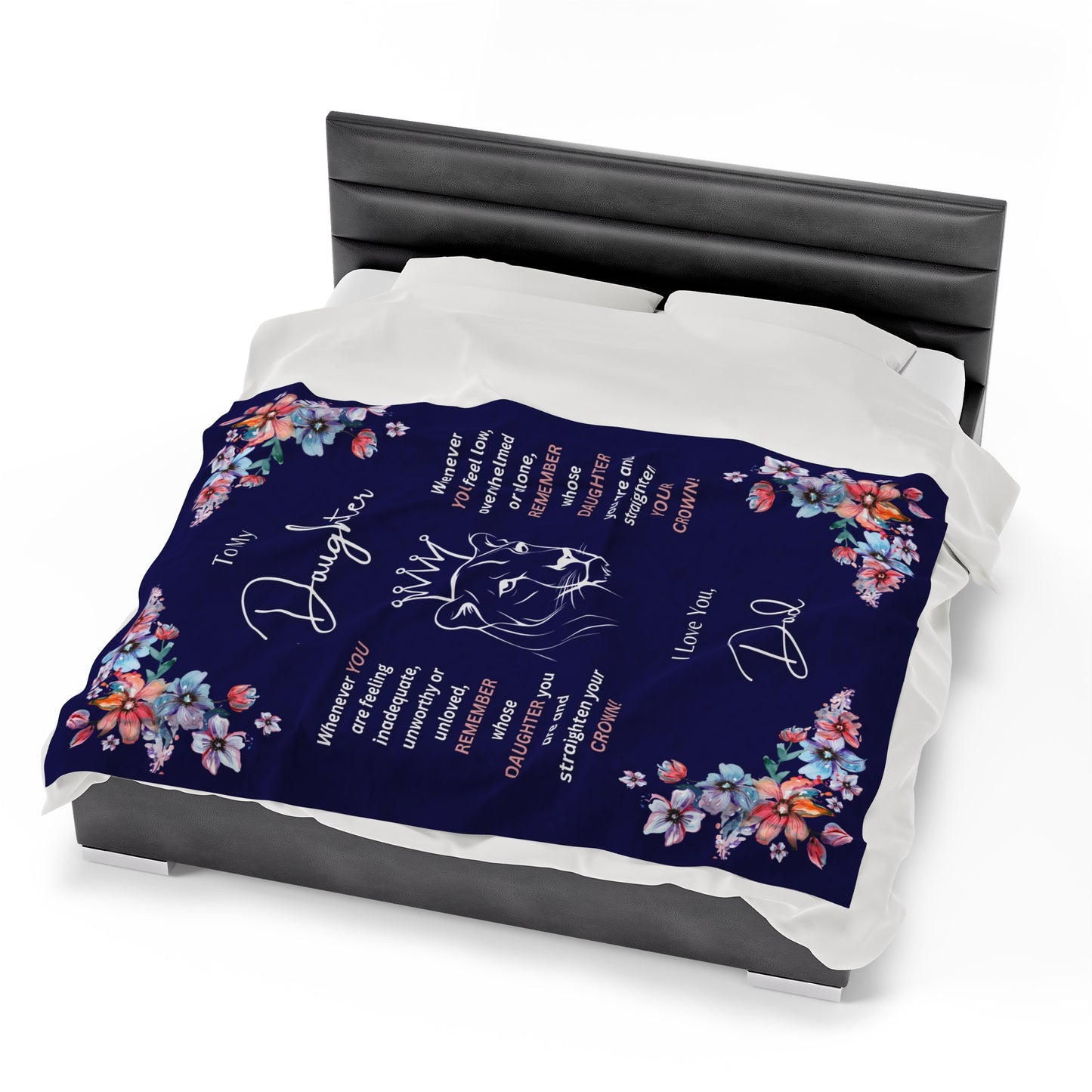 "To My Daughter-Lion Princess"  60 in x 80 in Velveteen Plush Blanket-Royal Navy Blue