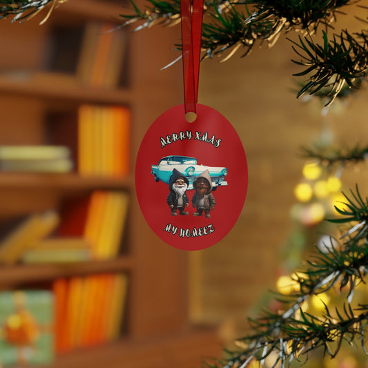 "Merry Xmas My Homeez/Feliz Navidad Mis Homeez", Red Oval Metal Ornament