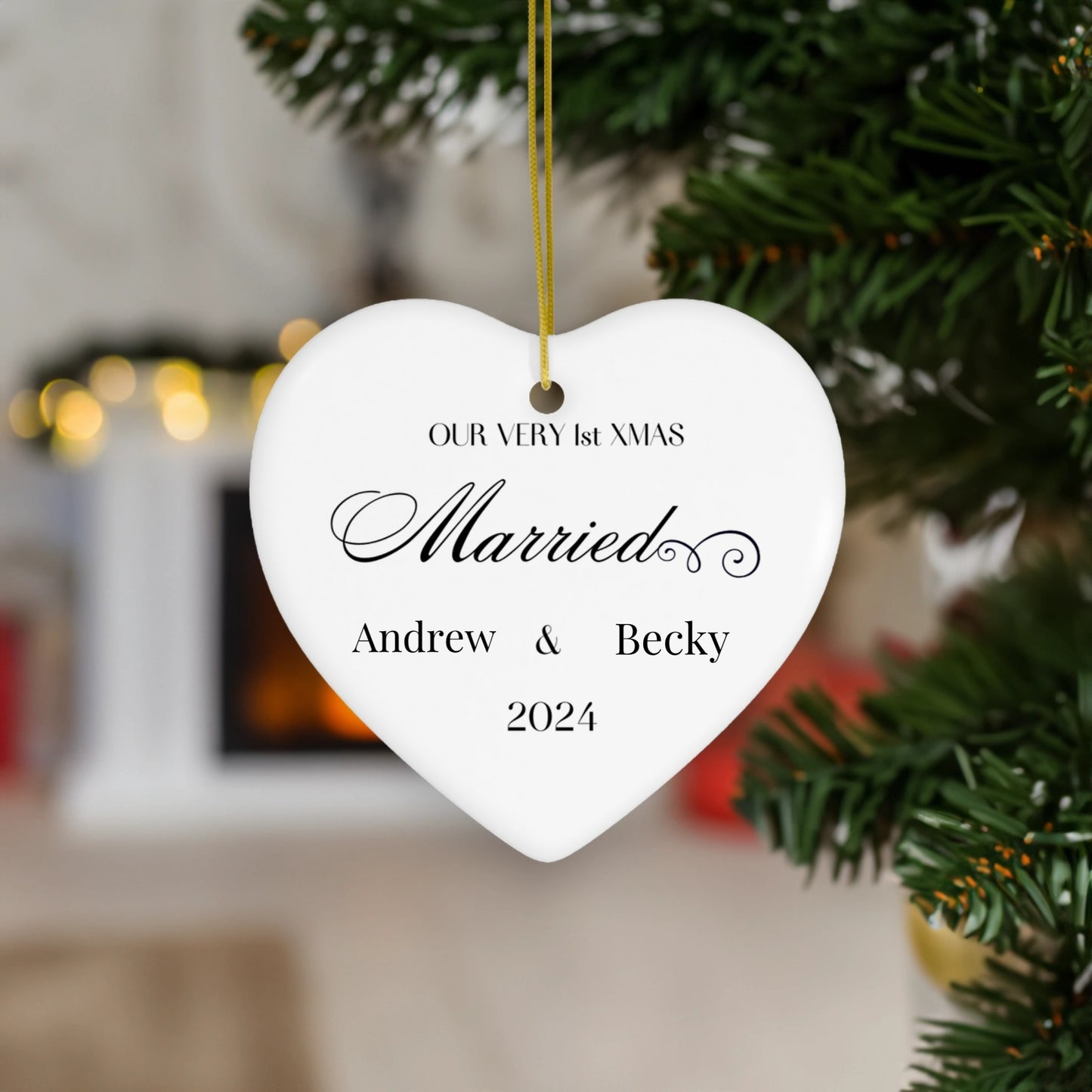 "Our Very 1st Xmas-Married" Personalized, White Ceramic Ornament