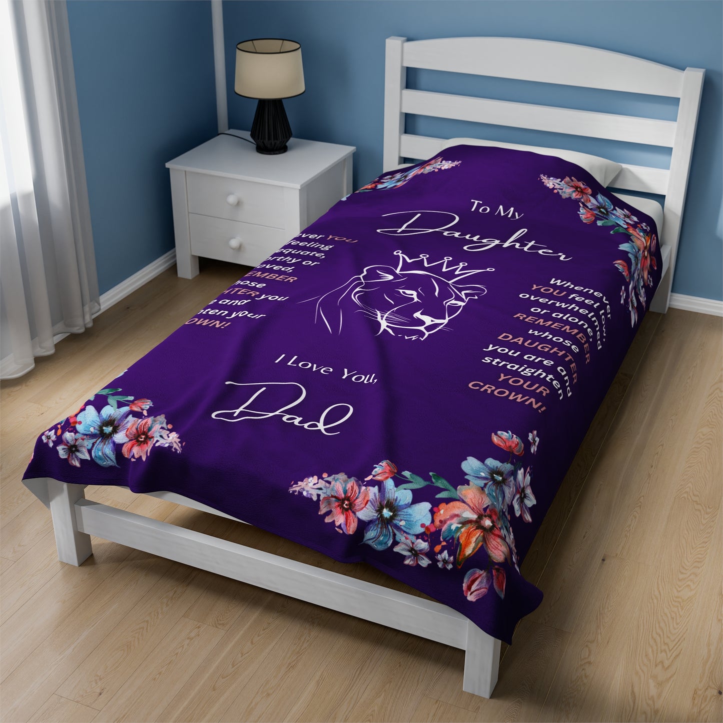 "To My Daughter-Lion Princess"  60 in x 80 in Velveteen Plush Blanket in  Royal Purple