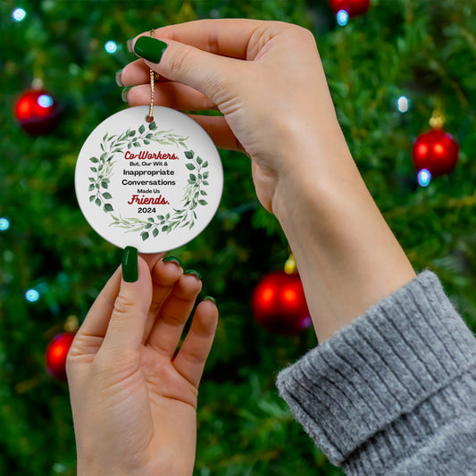 "Coworkers-Friends", Round White Ceramic Ornament,