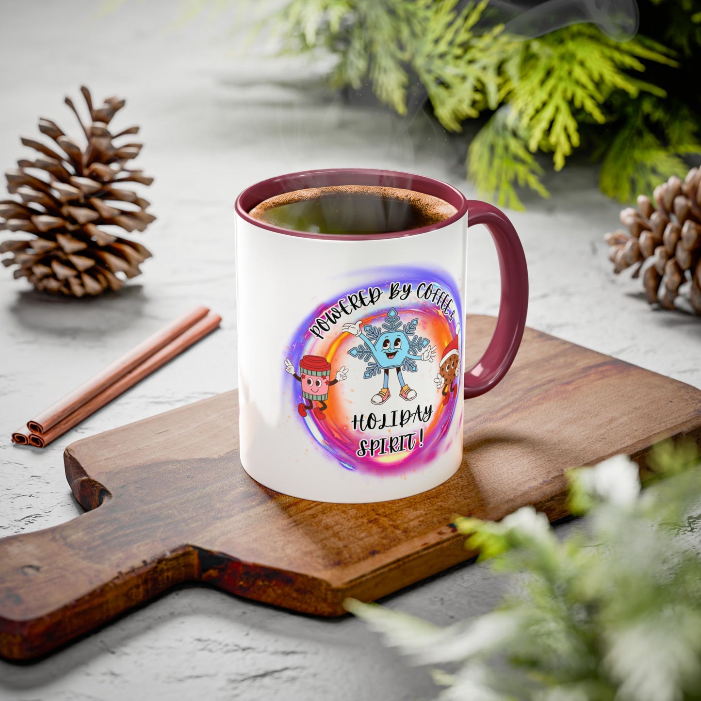 "Powered By Coffee and Christmas Spirit"   Two Tone Accent  Mugs (11oz, 15oz)