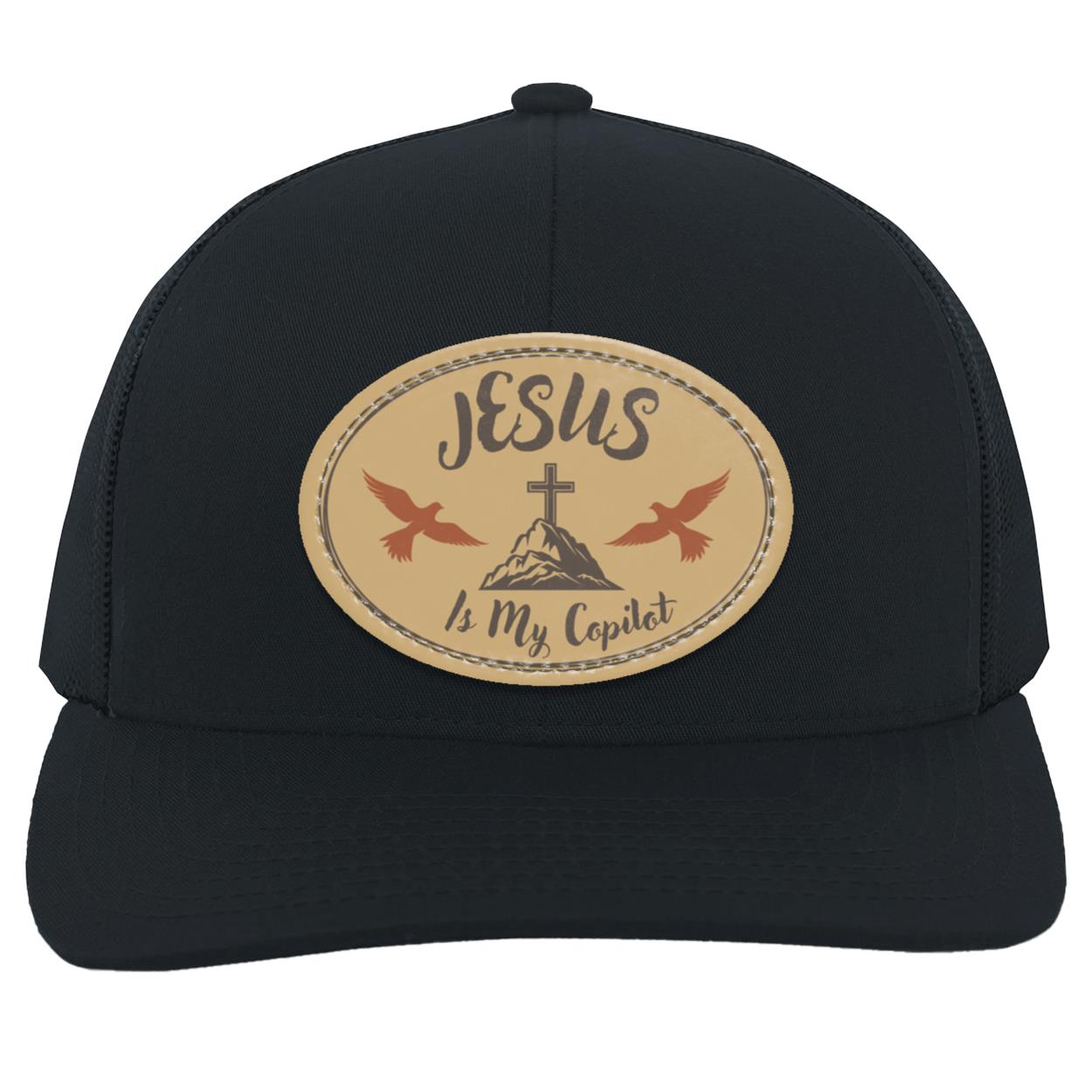 "Jesus is My Copilot " Trucker Snap Back with Tan Vegan Leather  Patch