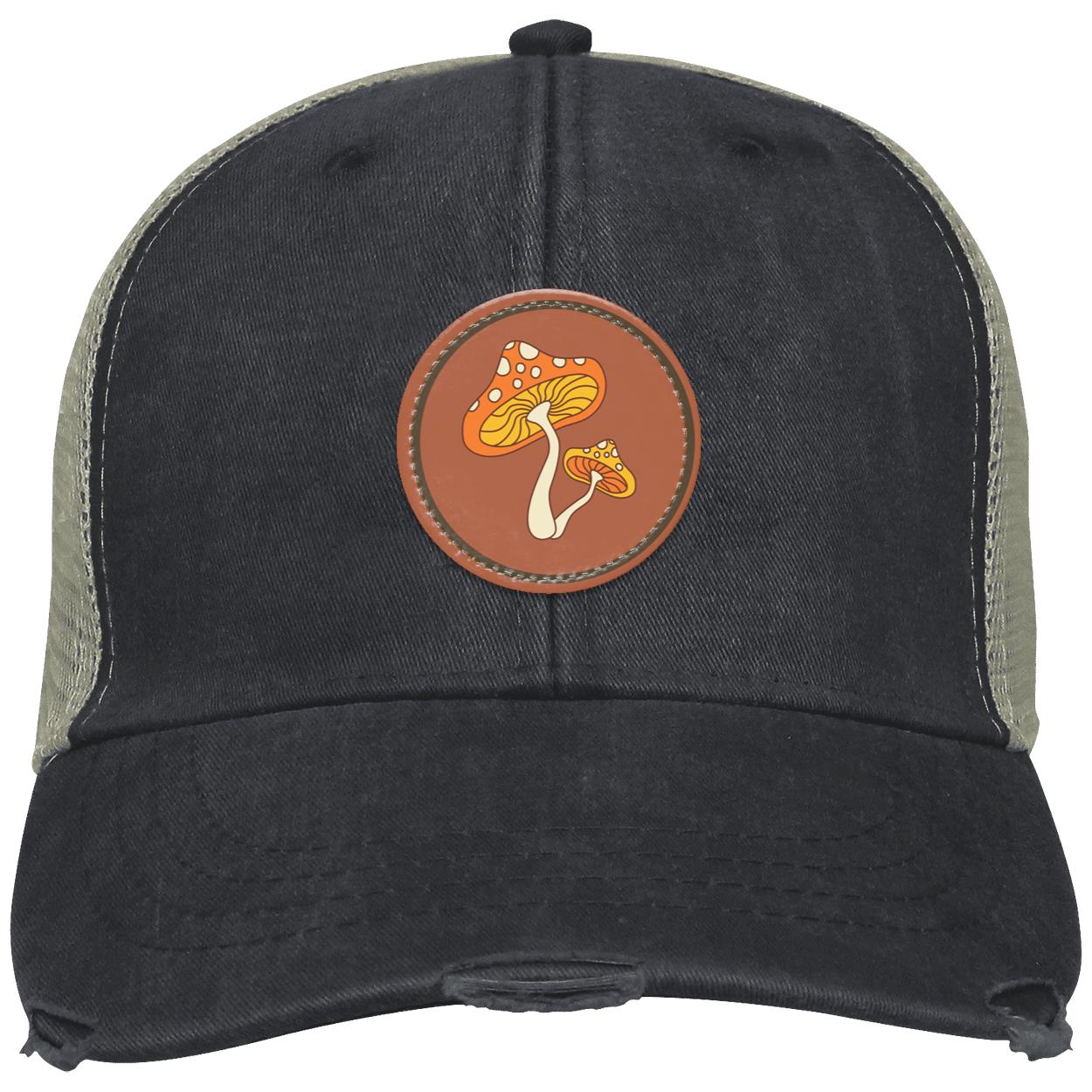 "Groovy Mushroom",  Distressed Ollie Cap with Small Brown Vegan Leather Patch