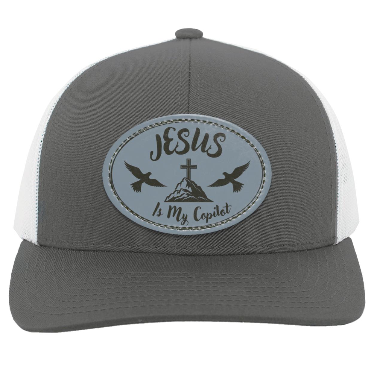 "Jesus is My Copilot"  Trucker Snap Back with Cadet Gray Vegan Leather Oval Patch