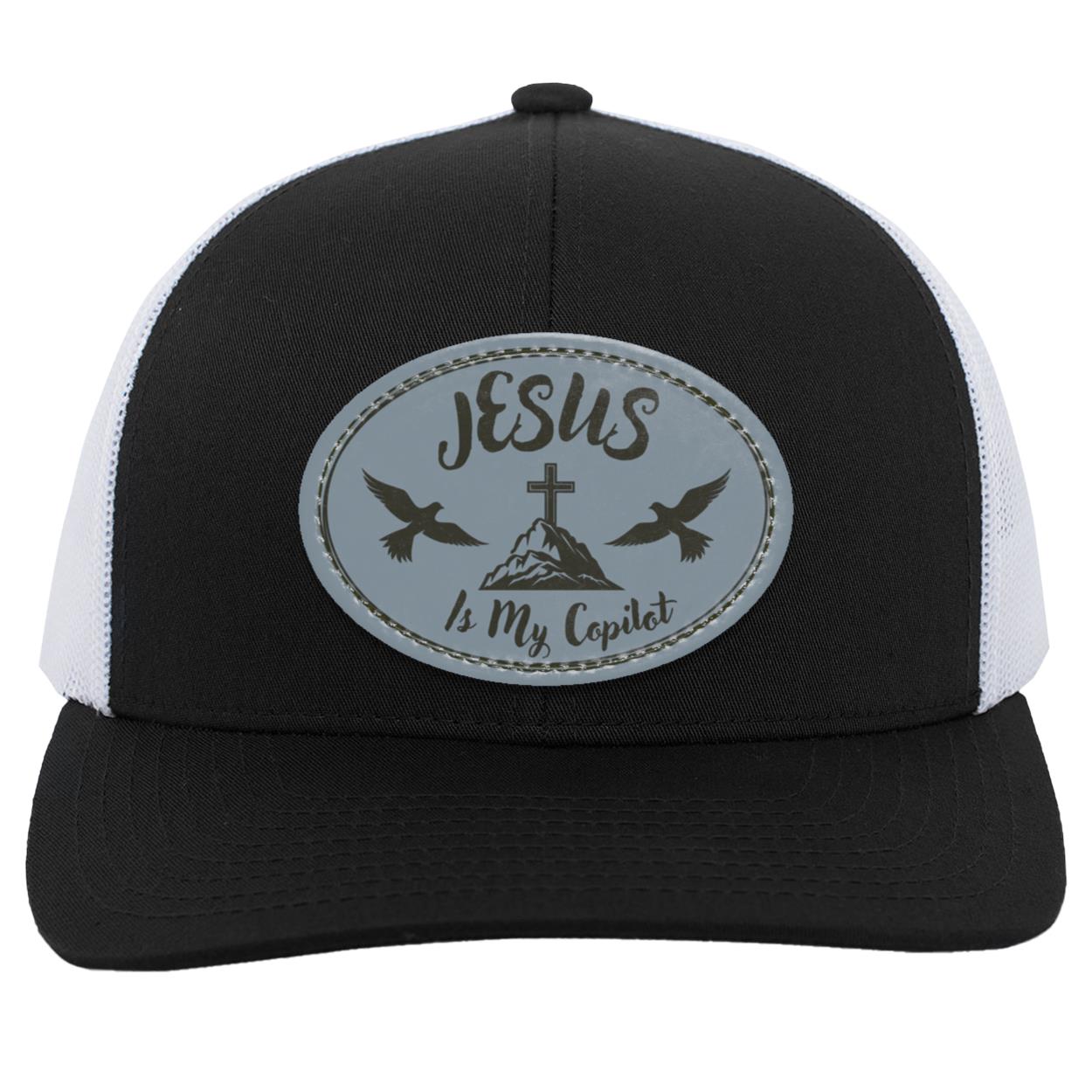 "Jesus is My Copilot"  Trucker Snap Back with Cadet Gray Vegan Leather Oval Patch