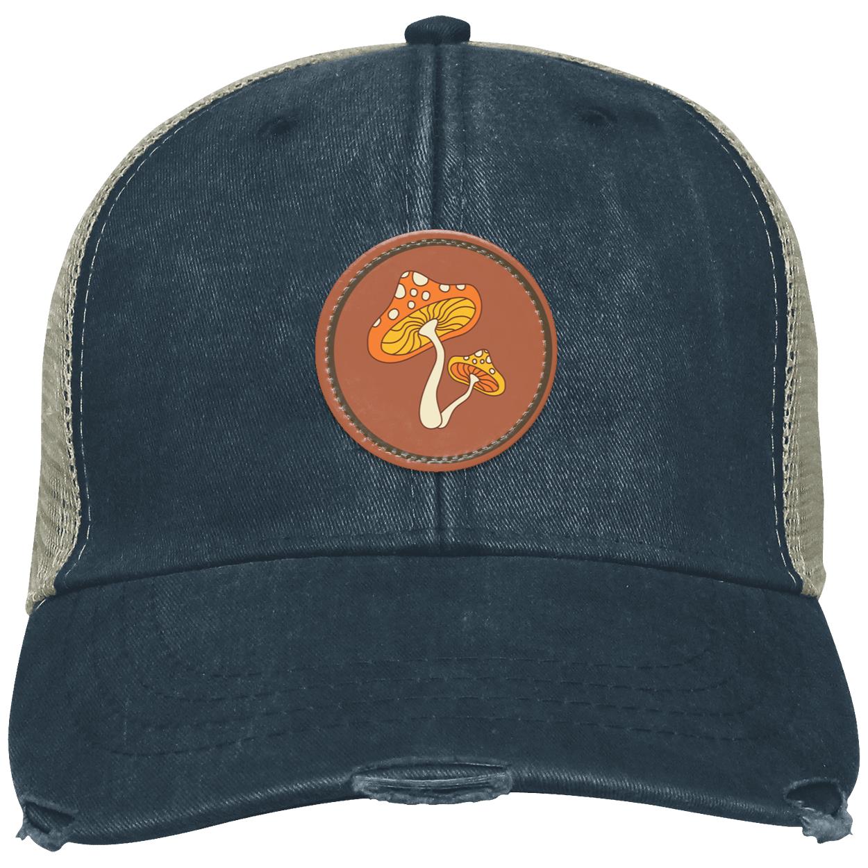 "Groovy Mushroom",  Distressed Ollie Cap with Small Brown Vegan Leather Patch