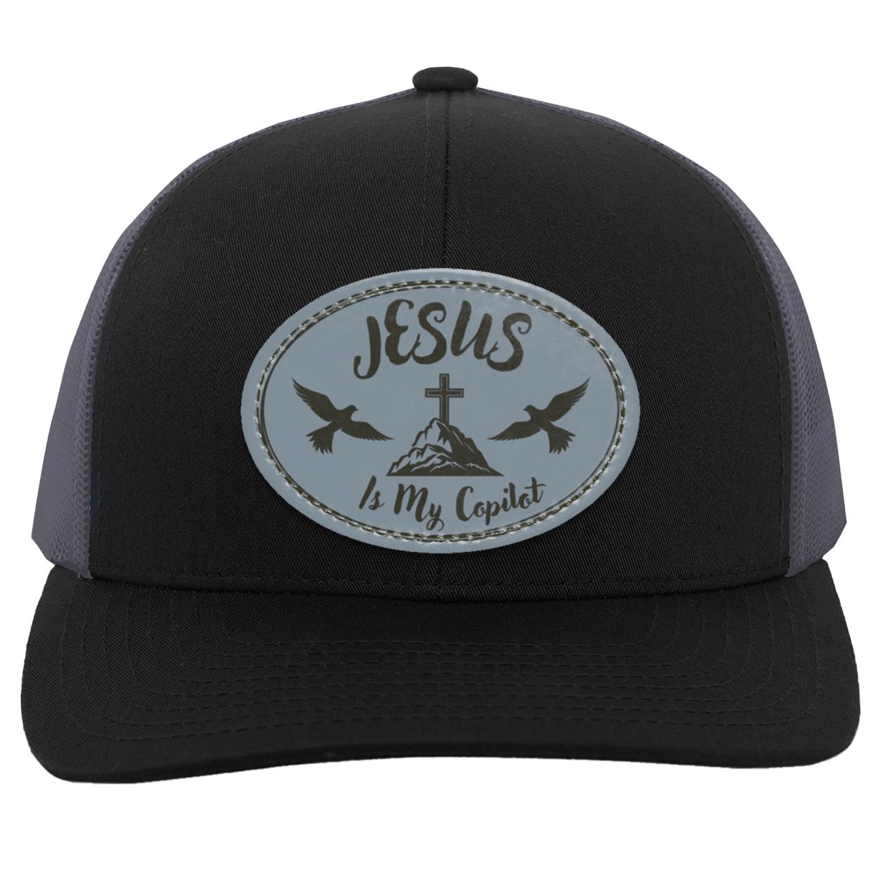 "Jesus is My Copilot"  Trucker Snap Back with Cadet Gray Vegan Leather Oval Patch