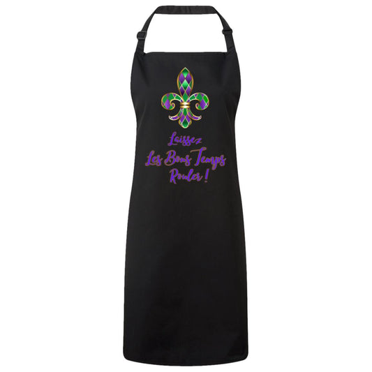 "Laissez Les Bons Temps Rouler"  Unisex Bib Apron, Purple, Green and Gold Design