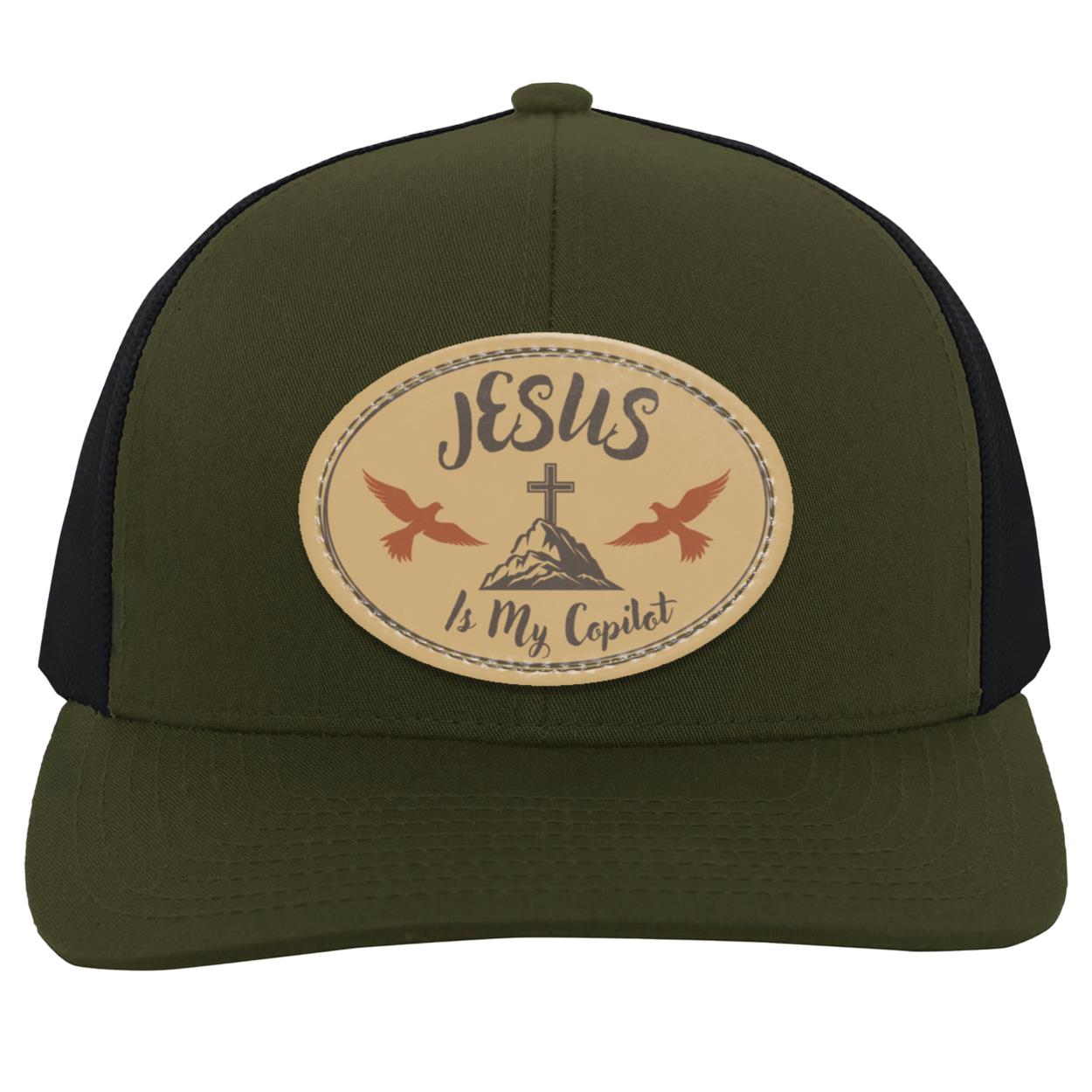 "Jesus is My Copilot " Trucker Snap Back with Tan Vegan Leather  Patch