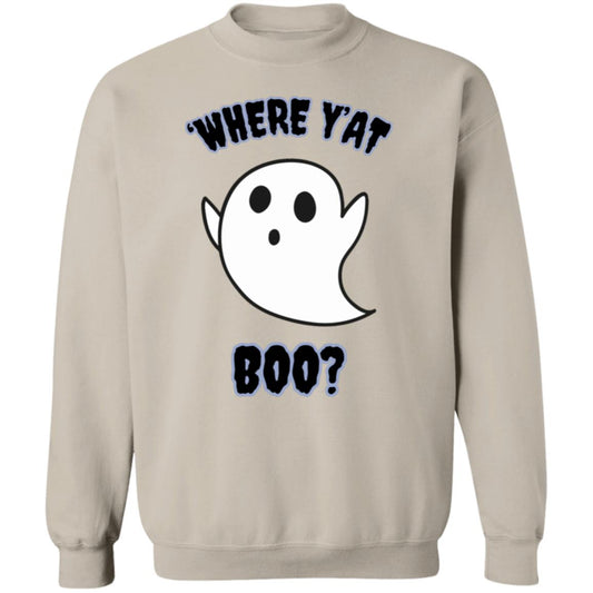 "Where Y'At Boo" Black Text, Unisex Crewneck Pullover Sweatshirt