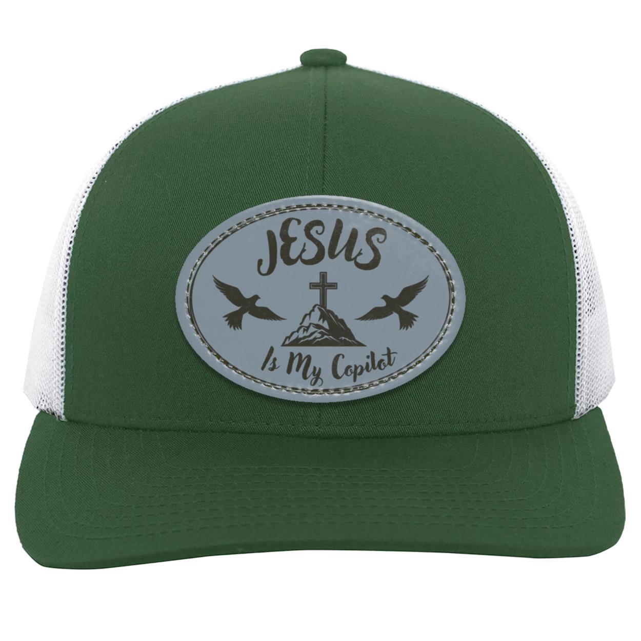 "Jesus is My Copilot"  Trucker Snap Back with Cadet Gray Vegan Leather Oval Patch