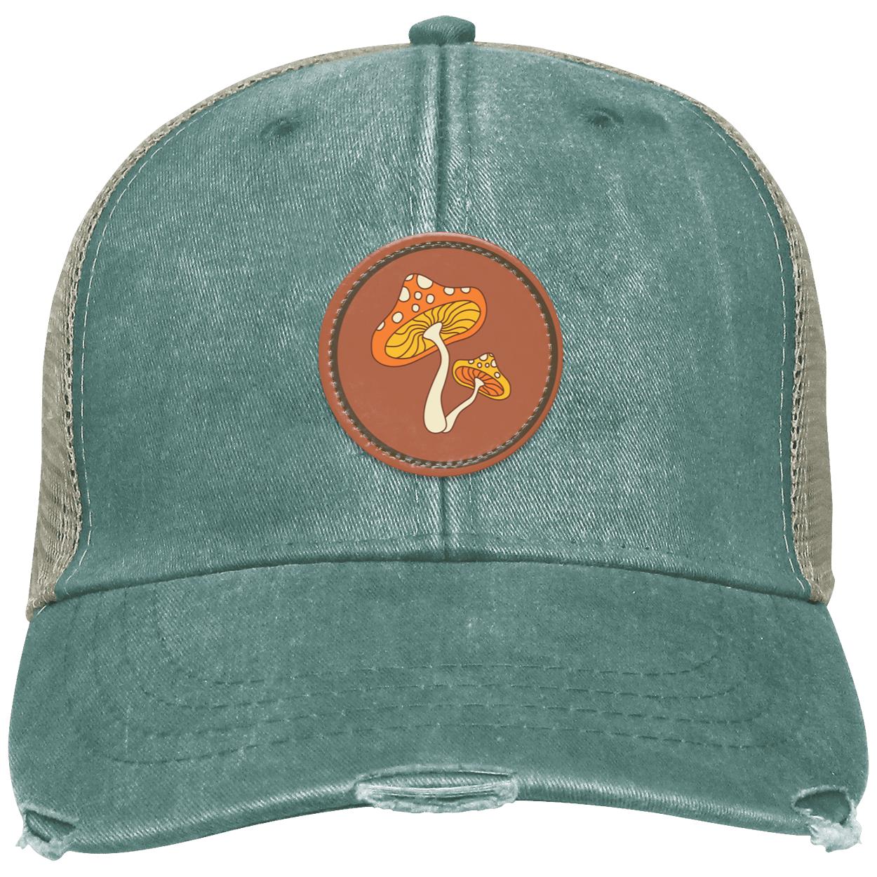 "Groovy Mushroom",  Distressed Ollie Cap with Small Brown Vegan Leather Patch