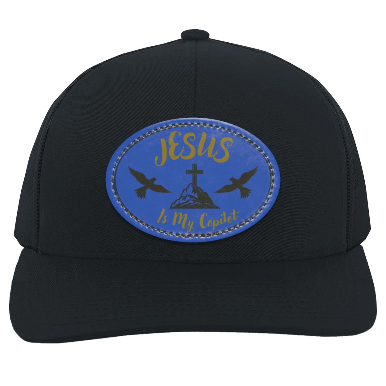 "Jesus Is My Copilot"  Trucker Snap Back with Royal Blue Vegan Leaher Patch