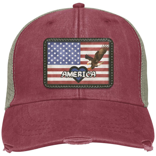 "Love America" Ollie Disrtressed Trucker Hat with Blue Heart Design