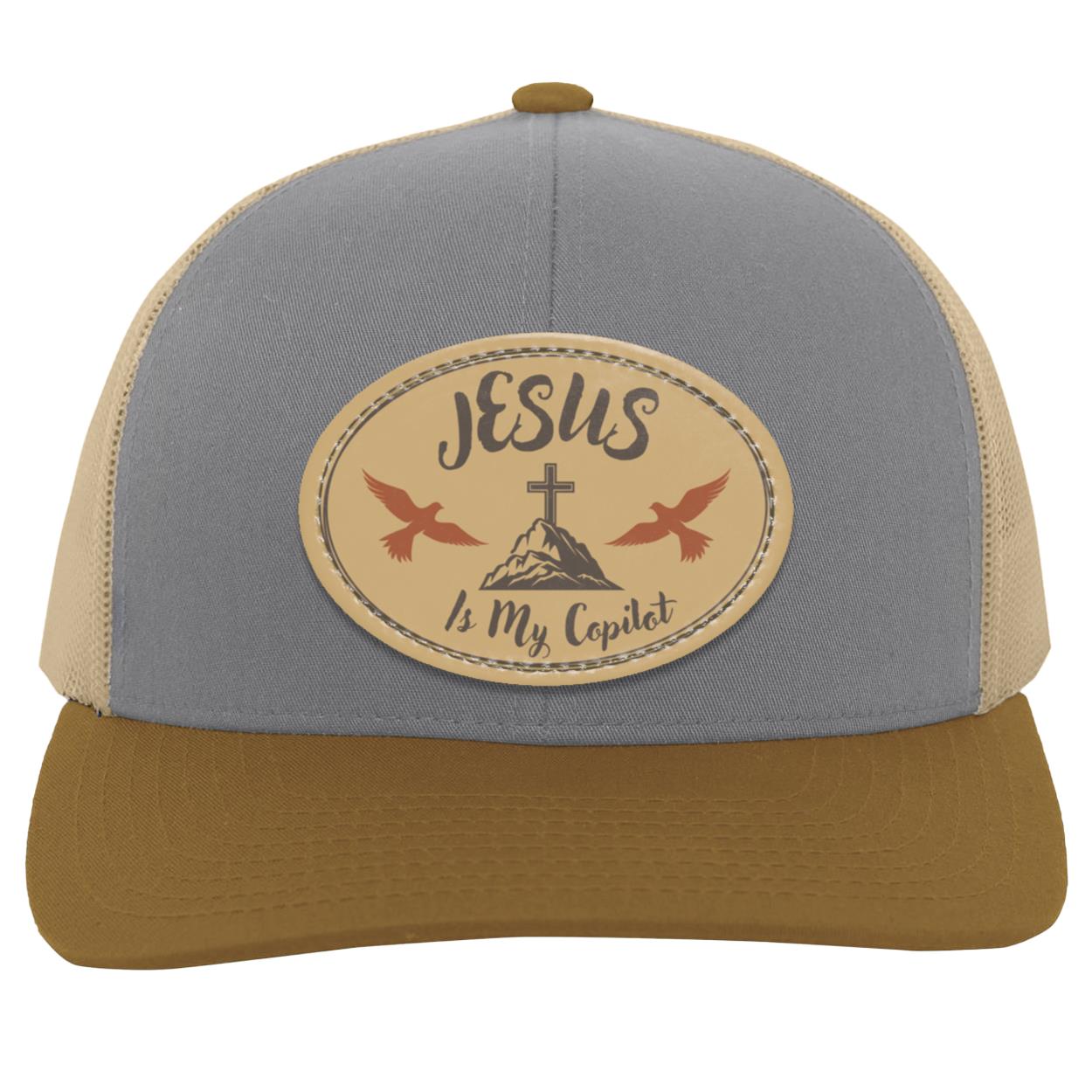 "Jesus is My Copilot " Trucker Snap Back with Tan Vegan Leather  Patch