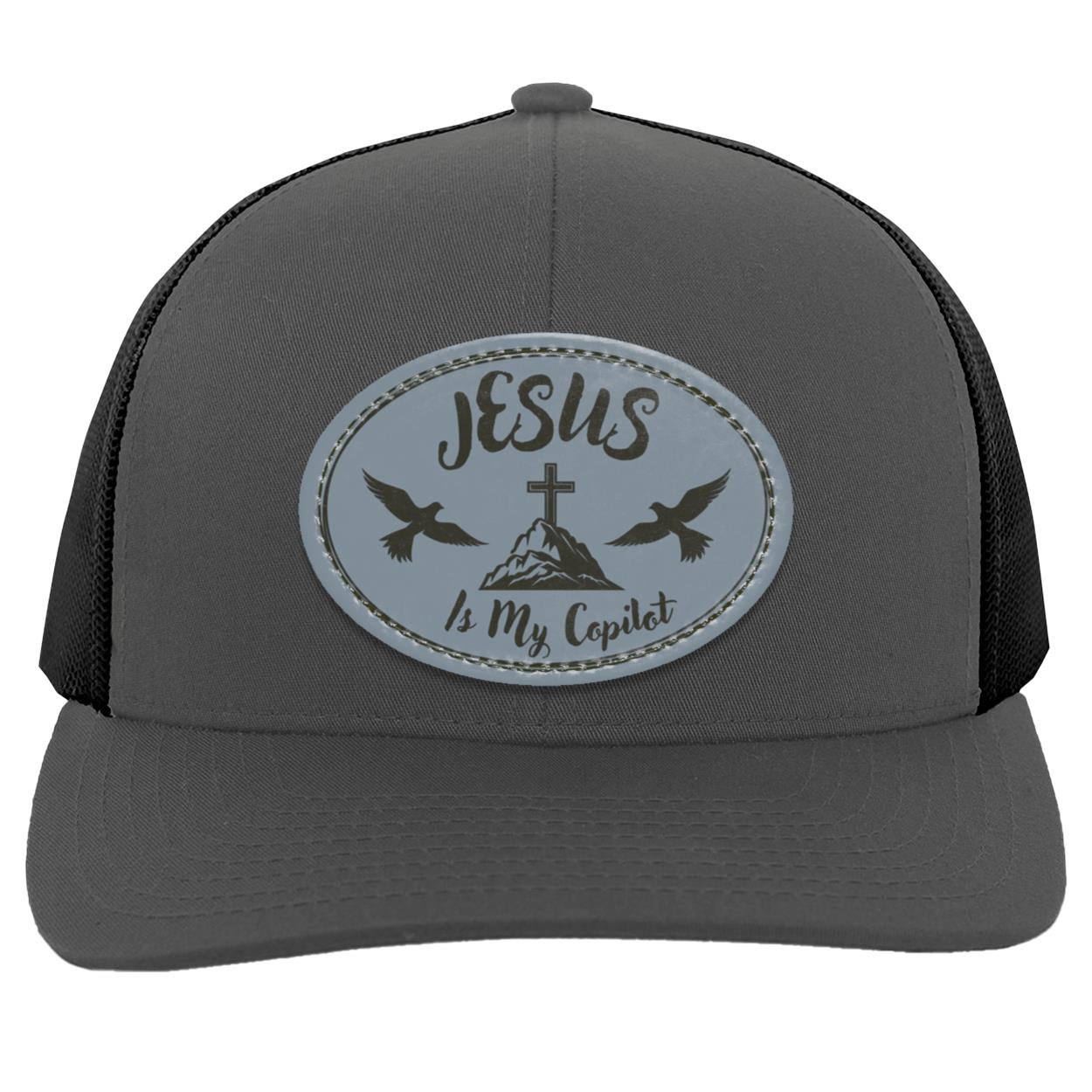 "Jesus is My Copilot"  Trucker Snap Back with Cadet Gray Vegan Leather Oval Patch