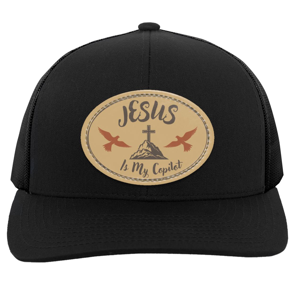 "Jesus is My Copilot " Trucker Snap Back with Tan Vegan Leather  Patch