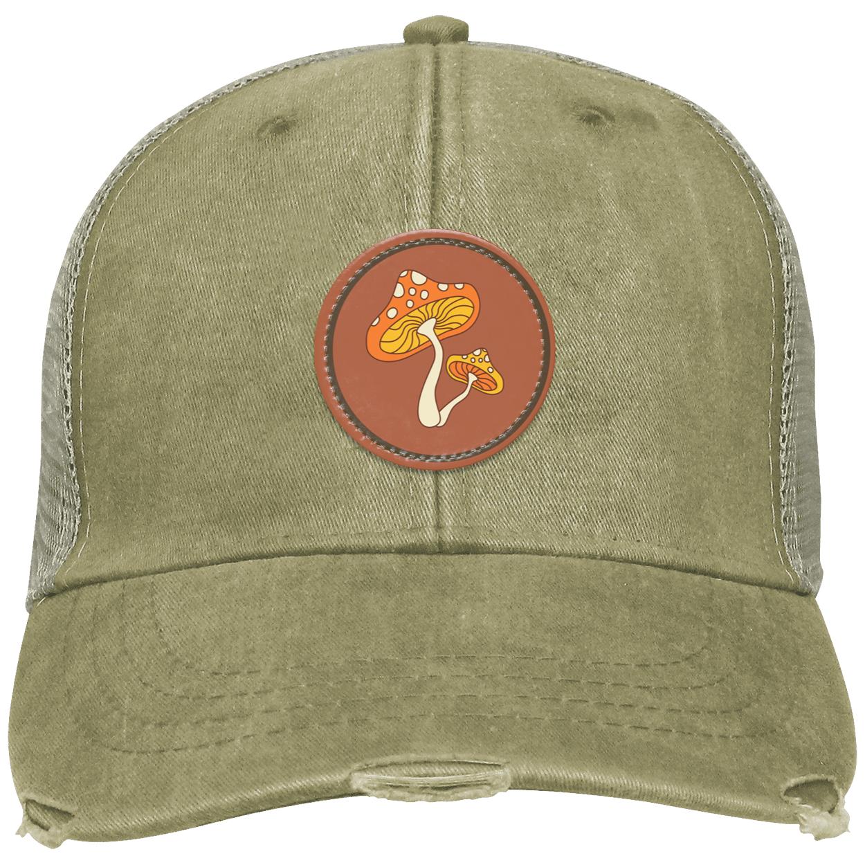 "Groovy Mushroom",  Distressed Ollie Cap with Small Brown Vegan Leather Patch