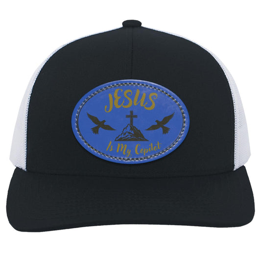 "Jesus Is My Copilot"  Trucker Snap Back with Royal Blue Vegan Leaher Patch