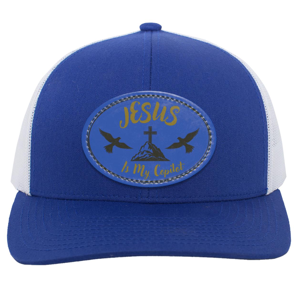 "Jesus Is My Copilot"  Trucker Snap Back with Royal Blue Vegan Leaher Patch