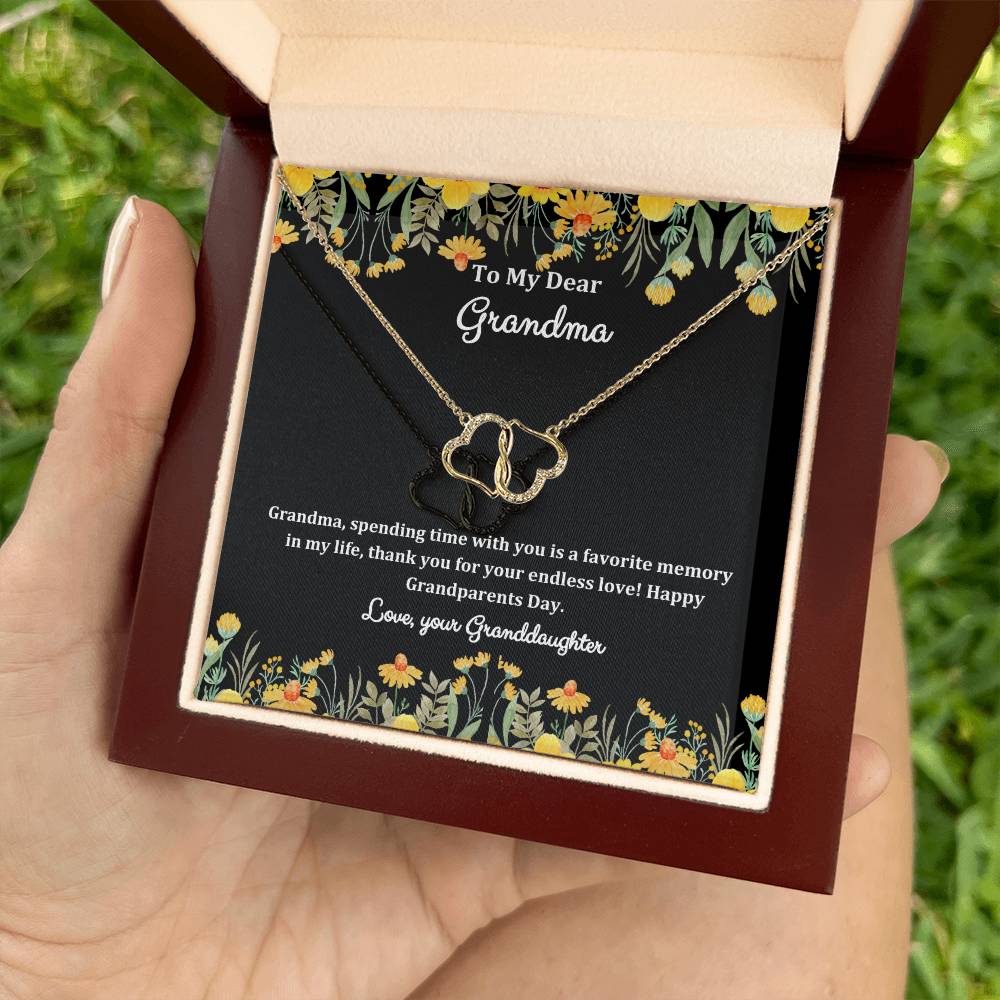 10 K Solid Gold Yellow Hearts Necklace with Pave Diamonds, "To My Dear Grandma, Love Your Granddaughter"